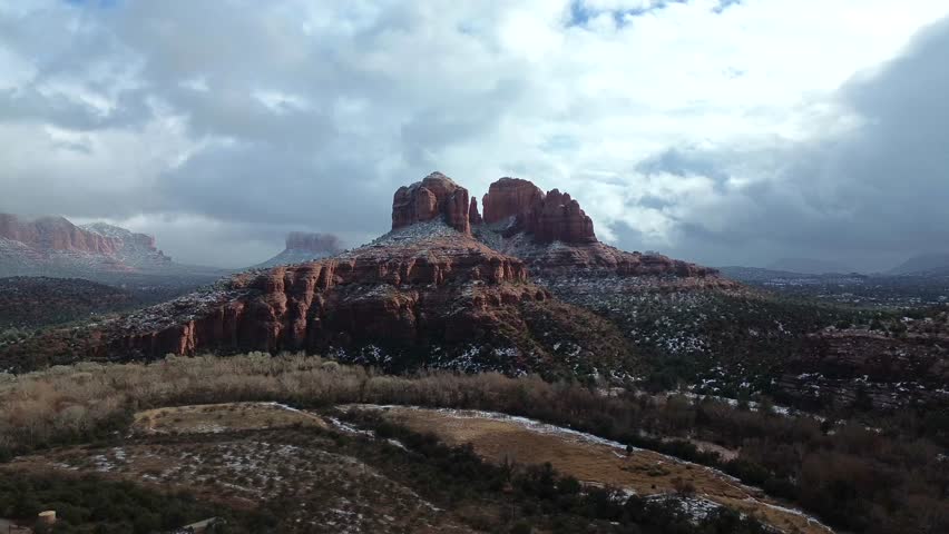 Sedona Arizona in Winter with Snow, Drone Footage, America, USA.