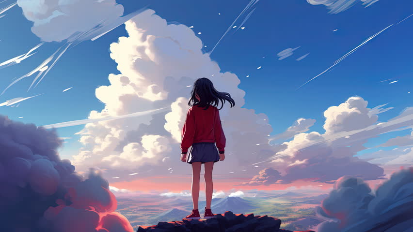 Animated virtual Girl looking out into the clouds. Parallax. Anime style Royalty-Free Stock Footage #3414709071