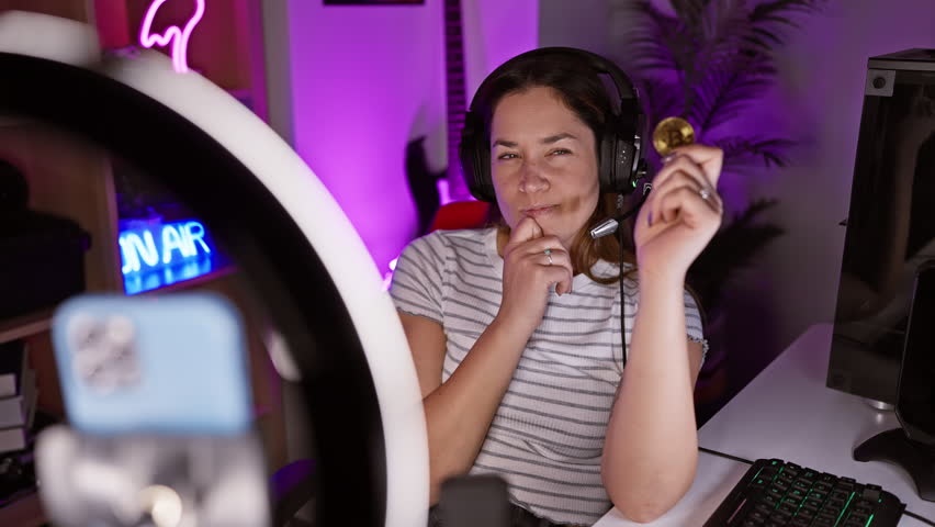 Young hispanic woman with blue eyes recording video holding bitcoin smiling with an idea or question pointing finger with happy face, number one at gaming room
