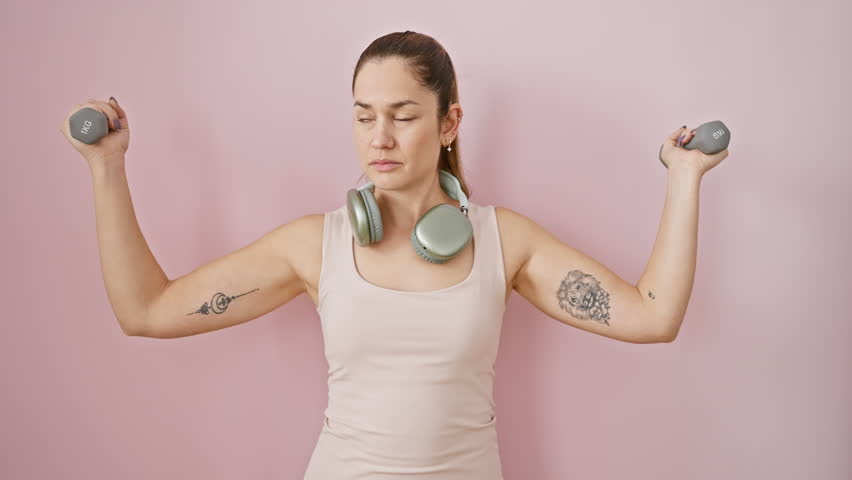 Confident yet relaxed, serious-faced young woman with blue eyes, in sportswear, sporting simple natural look, lifting weights over pink isolated background.
