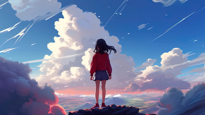 Animated virtual Girl looking out into the clouds. Anime style
