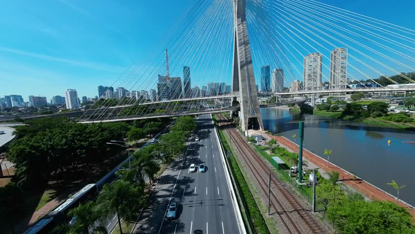 Cable Bridge At Downtown In Sao Paulo Brazil. Radical Flight Under Bridge Symbol Of Sao Paulo. Dangerous Flight Inside Tunnel. Sao Paulo Brazil. Cable Bridge At Downtown In Sao Paulo Brazil.