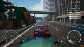 Playing the fake mobile racing game simulator. Controlling the car using the touchscreen of the fake race game. Crashing out the sports car and losing the race in the fake phone video game.