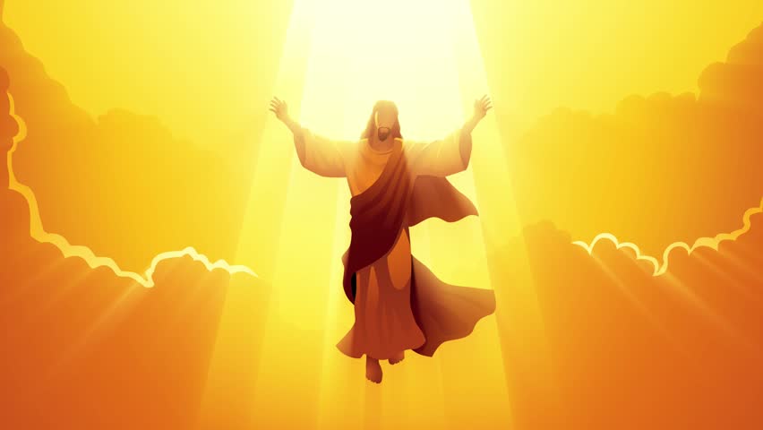 Ascension Day of Jesus Christ biblical motion graphics series, Jesus Christ raises his hands in divine glory, surrounded by holy light and a beautiful cloudscape, as he ascends to heaven Royalty-Free Stock Footage #3414763913