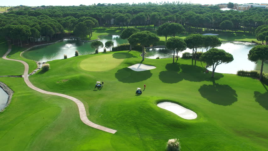 Players on the golf course aerial view. Golf car. Active pastime. Type of sport