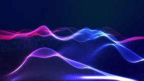 Glowing particles form surface. Luminous Wave Motion Design for Festive Events and Presentations. Looping motion design animation is a huge scene with a wide angle. DOF. Waves run on surface. Red blue