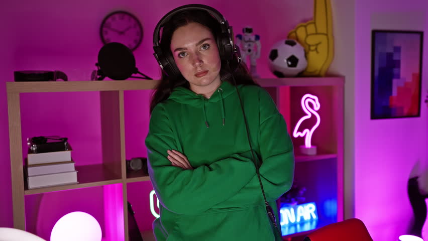A young woman with headphones stands in a vibrant gaming room at night, exuding confidence and appeal.