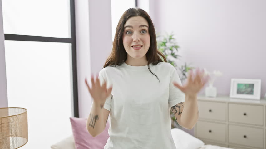 Cheerful young woman in pyjamas playfully showing '10' sign with fingers while sitting on her bed, radiating positivity in her cosy bedroom Royalty-Free Stock Footage #3414822759