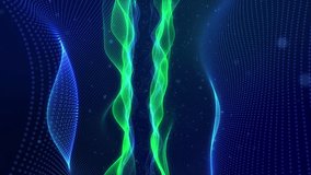 Glowing particles form surfaces with waves, layered blue green structure. Looped animation. Trendy bg for presentations. Glowing particles for various events. Wide viewing angle. 3D Illustration