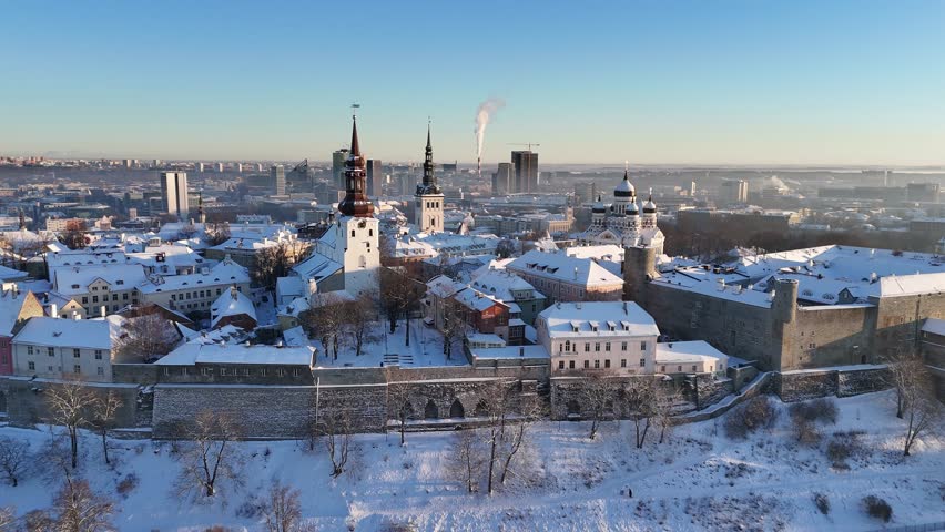 Tallinn, Estonia old town aerial view during a cold, sunny winter day Royalty-Free Stock Footage #3414838375