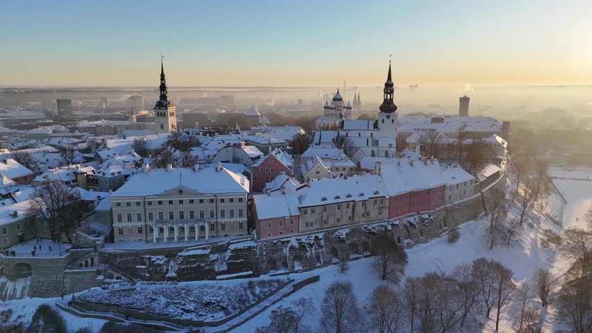 Tallinn, Estonia old town aerial view during a cold, sunny winter day Royalty-Free Stock Footage #3414838409