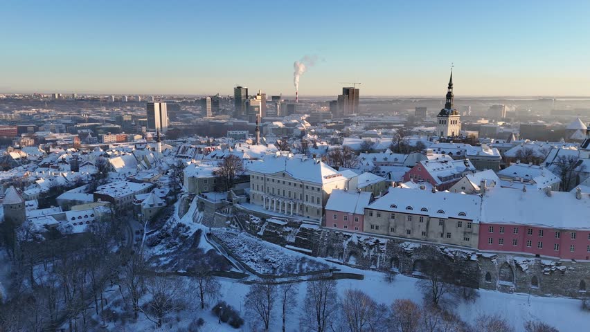 Tallinn, Estonia old town aerial view during a cold, sunny winter day Royalty-Free Stock Footage #3414839151