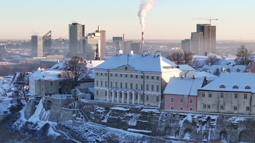 Tallinn, Estonia old town aerial view during a cold, sunny winter day Royalty-Free Stock Footage #3414839187