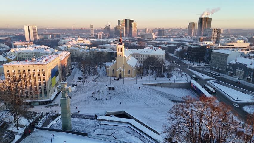 Tallinn, Estonia old town aerial view during a cold, sunny winter day Royalty-Free Stock Footage #3414839613