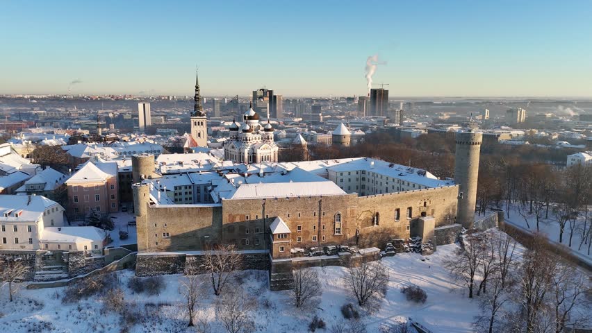 Tallinn, Estonia old town aerial view during a cold, sunny winter day Royalty-Free Stock Footage #3414839661