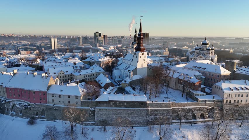 Tallinn, Estonia old town aerial view during a cold, sunny winter day Royalty-Free Stock Footage #3414840129