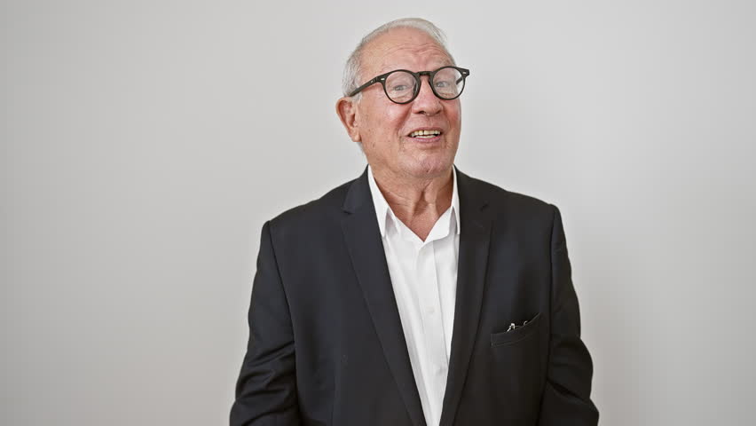 Cheerful senior man in business attire sparks an exciting idea, expressing confidence with a pointed finger up. surprised yet happy face against an isolated white background.