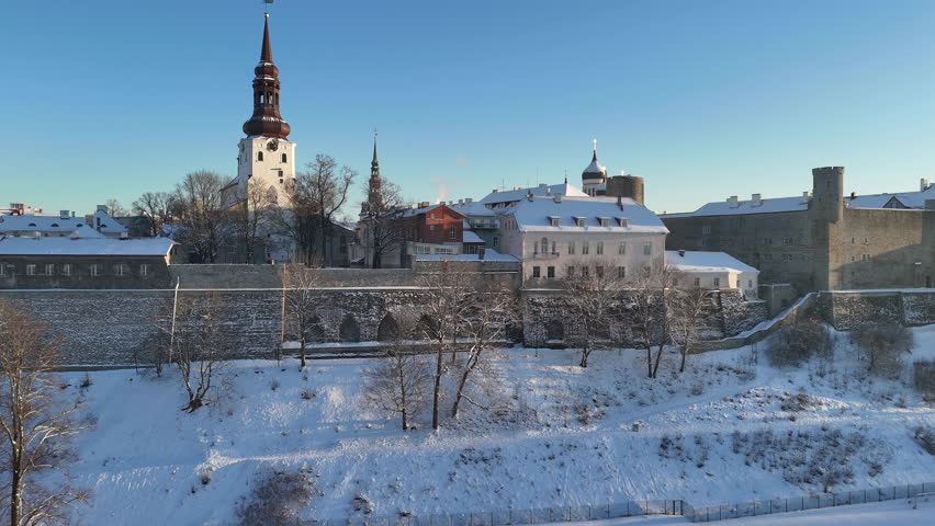 Tallinn, Estonia old town aerial view during a cold, sunny winter day Royalty-Free Stock Footage #3414846717