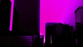 retro-futuristic 80s style with neon city backgrounds. Seamless loop of cyberpunk cityscape with a moving city landscape. VJ synth wave looping 3D animation for music video