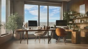 	
Cozy modern office space by the window with a beautiful view. seamless looping time-lapse virtual video animation background