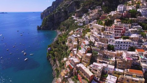 aerial view of Positano, beautiful Mediterranean village on Amalfi Coast (Costiera Amalfitana) in Campania, Italy, hotel and villas conept travel tour