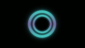Radial or circular equalizer animation that shines brightly. Visualization of recording and playback of sounds, voices, music. Audio waveform with flowing dots. 4K technology loop in modern form.