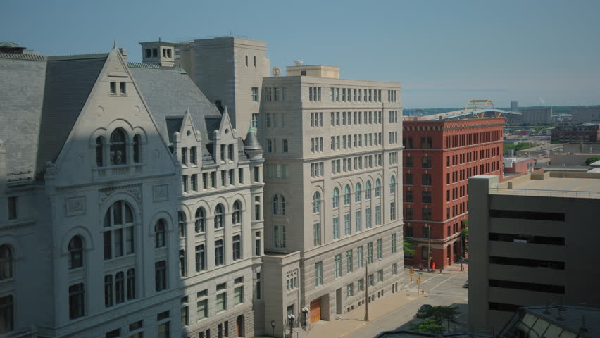 Elements of Downtown of Milwaukee city, Michigan lake shoreline. day time. Milwaukee, Wisconsin,