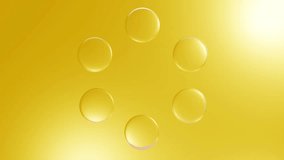 The empty bubbles inside are rotating and then merging into a drop that drops onto the skin surface on a yellow background. 3d scene illustration, showing ingredients of cosmetic products