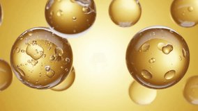 Front view of abstract transparent bubbles merging on a yellow background. Abstract illustration showing product composition with space for design. Selective focus