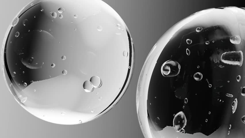 ​Two transparent water bubbles gradually merge together. Illustration of the combination of chemical compounds found in cosmetics. 3d illustration for professional advertising, blank space for design​