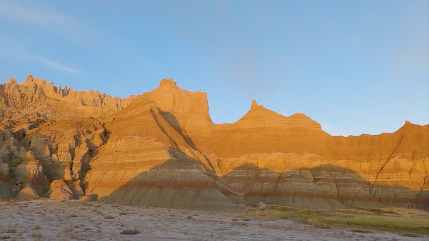 Rock formations, Badlands National Park, South Dakota, USA, tracking view