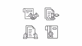 Animated official papers icons. Contracts line animation library. Official paper. Education certificate. Black illustrations on white background. HD video with alpha channel. Motion graphic