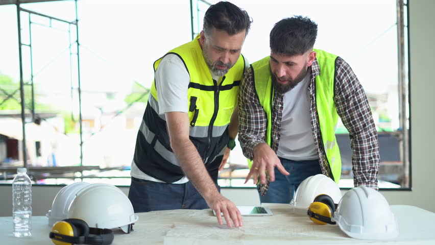 team of Construction workers Senior architect or civil engineer and foreman discussion to inspection structure apartment with blueprint at construction site. building project