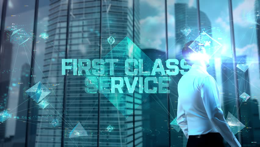 First Class Service. Businessman Working in Office among Skyscrapers. Hologram Concept