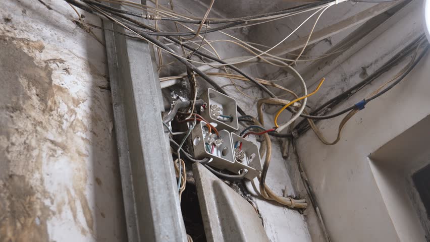 Very old plugs and cables hanging from ceiling. Renovation of house with replacement of old low-quality electrical wiring. Incorrect wiring. Electrical cables sticking out of white wall of old house. Royalty-Free Stock Footage #3415212629