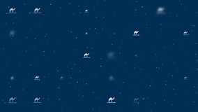Template animation of evenly spaced wild camel symbols of different sizes and opacity. Animation of transparency and size. Seamless looped 4k animation on dark blue background with stars