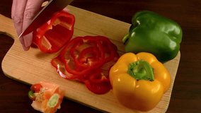 Close up shot of chef's hands using a knife cutting a fresh bell pepper on wooden board. Cooker preparing Cutting peppers on the cutting board. Chop the green pepper into small pieces with a knife
 - Powered by Shutterstock - Get 15% off with code: PIKWIZARD15