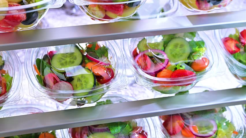 Plastic boxes with pre-packaged fruit and vegetable salads, put up for sale in a commercial refrigerator