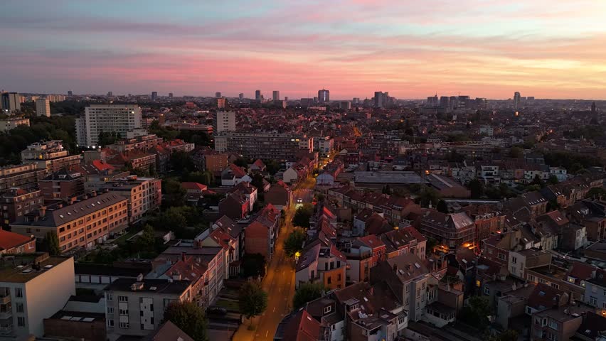 Aerial City Street Hyperlapse Brussels Night, Sunset Evere Neighborhood, Skyline Royalty-Free Stock Footage #3415424589