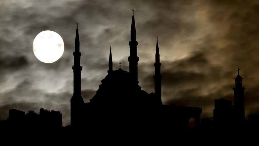 Mohammad Al-Amin Mosque in Silhouette by  Night with Dark Atmosphere, Fog, Smoke, and Full Moon Beirut, Lebanon, Middle East  Royalty-Free Stock Footage #3415531761