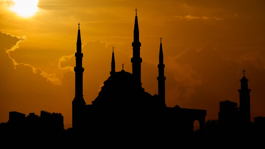 Lebanon: Mohammad Al-Amin Mosque in Beirut, Time Lapse at Sunset with Red Sun and Fiery Sky Royalty-Free Stock Footage #3415533149
