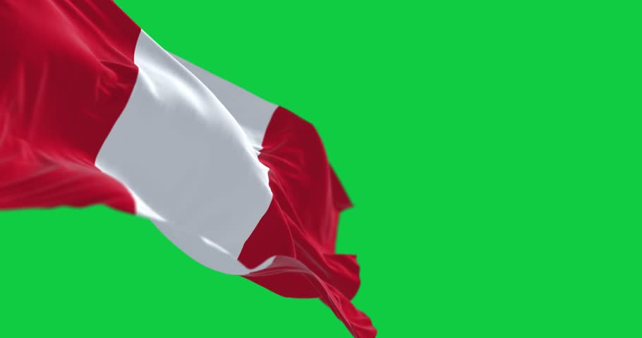 Peru national flag waving on green screen. Vertical triband consisting of two red outer bands and a single white middle band. Seamless 3D render animation. Chroma key. Slow motion loop. 4K