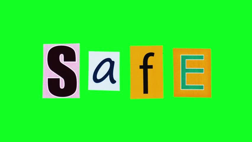 The word safe made of rectangle stickers crumpling and unwrapping in stop motion on green screen background. Creating phrases and patterns that can be used to design posters preventing about danger