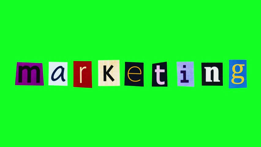 Marketing text consisting of cartoon collage of animated letters on green background. Advertise promo screensaver template festive element with stop motion loop. Comic art promotion minimalist intro