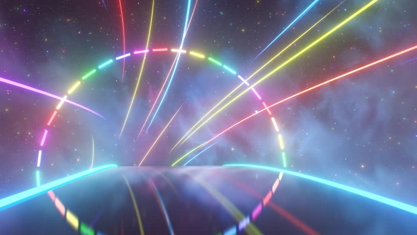 Fly Over 3D Rainbow Road In Outer Space With Bright Neon Reflections - 4K Seamless VJ Loop Motion Background Animation Royalty-Free Stock Footage #3415652311