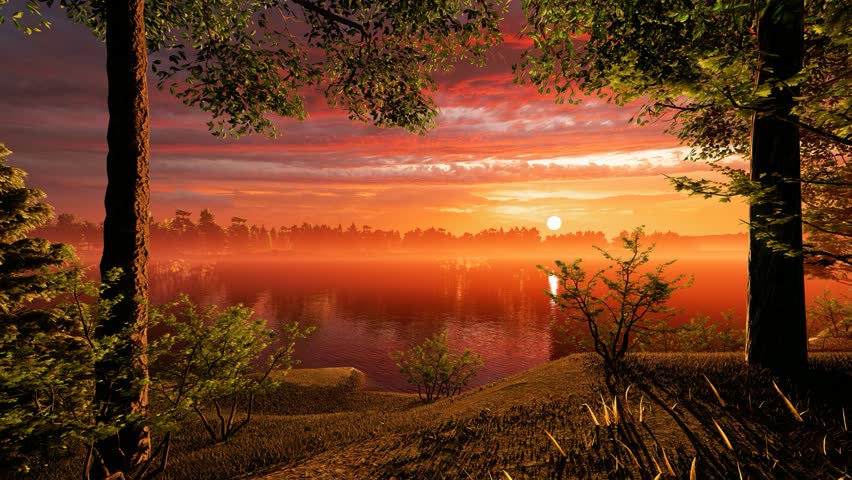 Morning Scene with swan flying
