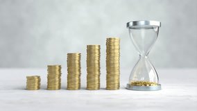 Gold coin in the hourglass with stacks of coins arranged in a bar graph, Time is money concept - Powered by Shutterstock - Get 15% off with code: PIKWIZARD15