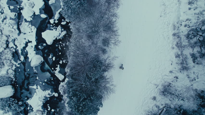Aerial top down view of a solo male person walk along the snowy frozen river, surrounded by pine trees. Cold winter forest. National park ranger in a fur coat in a cold winter scenery.