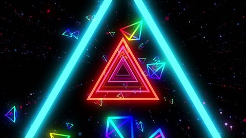 Neon triangles tunnel flight in cosmic space animation for music videos, night clubs, LED screens, projection show, video mapping, audiovisual performance, fashion events.