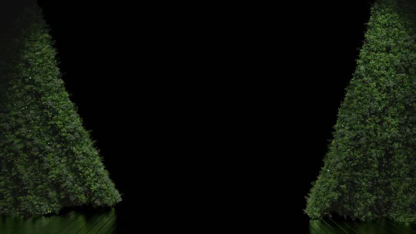 Curtain densely covered in greenery opens and closes on a stage, symbolizing eco-friendly product reveals, includes alpha channel.